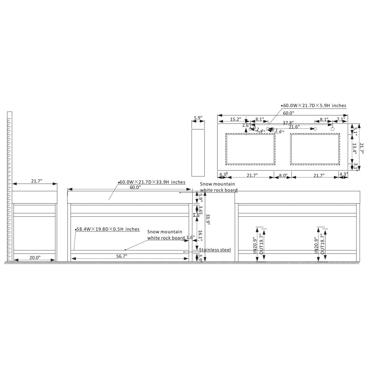 Vinnova Bilbao 60" Double Vanity With Matte Black Stainless Steel Bracket Match With Grey Sintered Stone Countertop Without Mirror