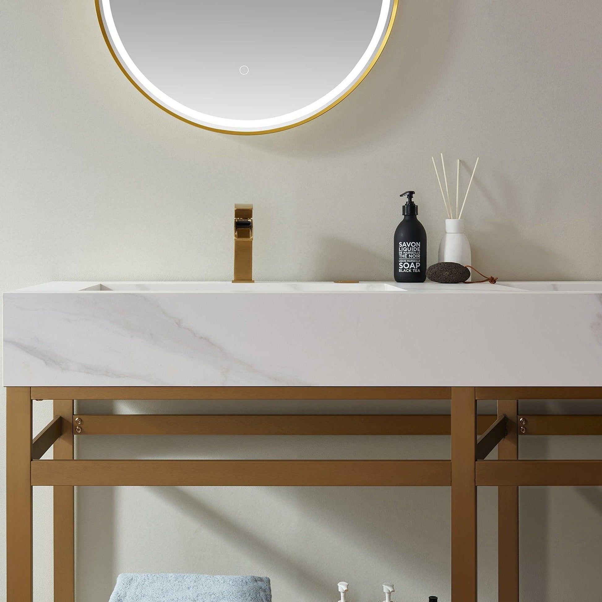 Vinnova Bilbao 72" Double Vanity With Brushed Gold Stainless Steel Bracket Match With Snow Mountain White Stone Countertop With Mirror