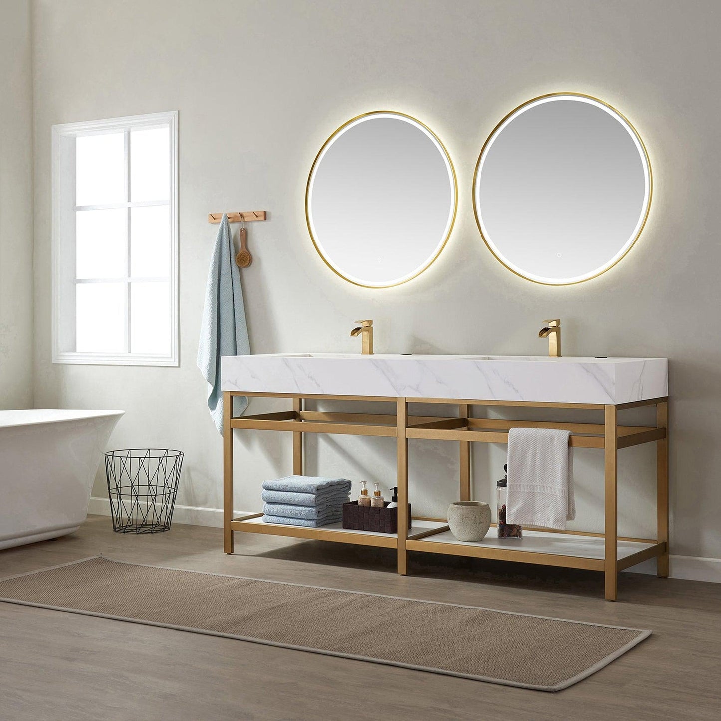 Vinnova Bilbao 72" Double Vanity With Brushed Gold Stainless Steel Bracket Match With Snow Mountain White Stone Countertop With Mirror