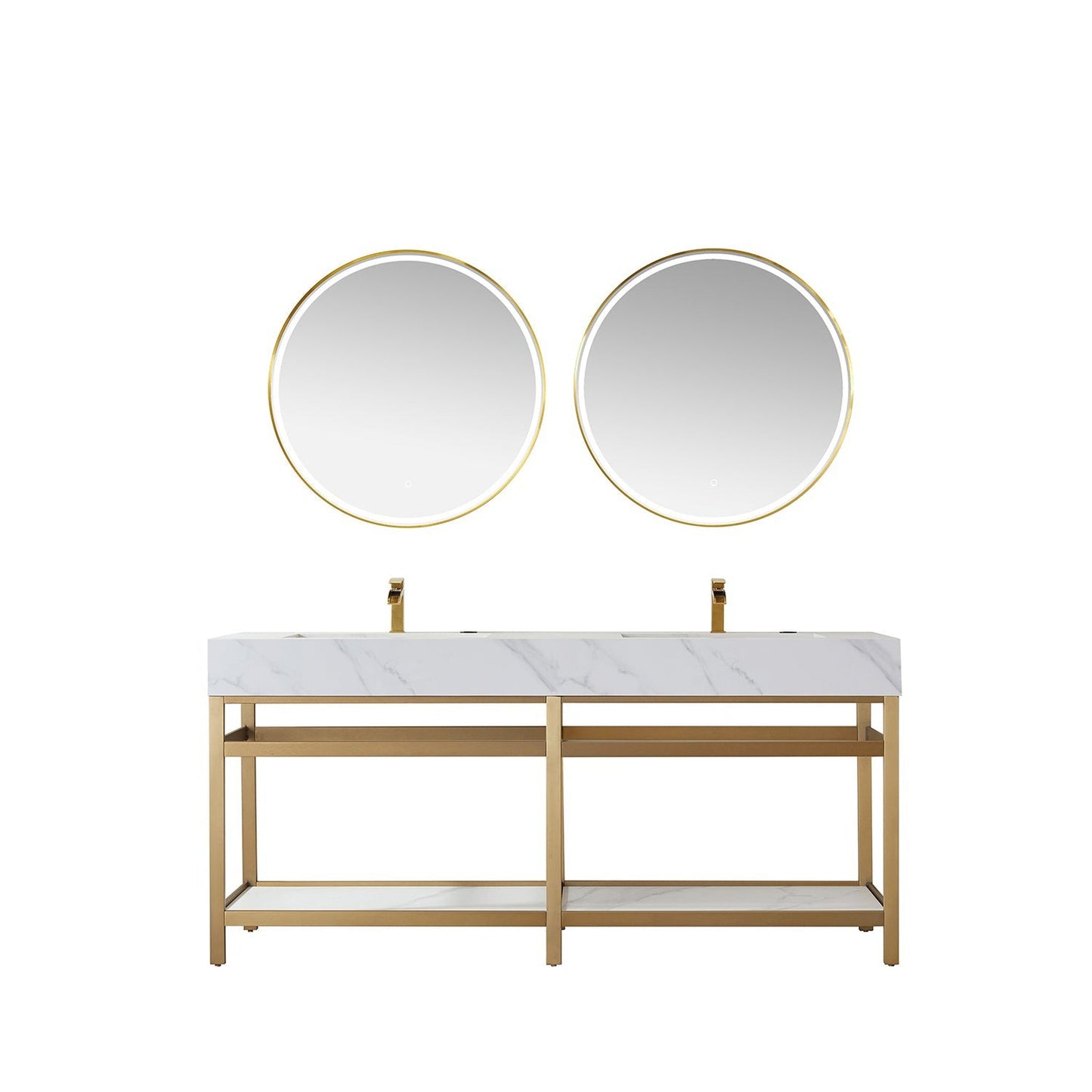 Vinnova Bilbao 72" Double Vanity With Brushed Gold Stainless Steel Bracket Match With Snow Mountain White Stone Countertop With Mirror