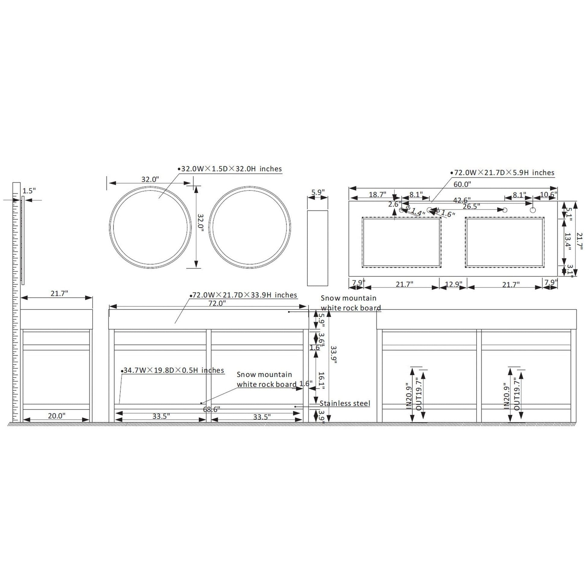 Vinnova Bilbao 72" Double Vanity With Matte Black Stainless Steel Bracket Match With Grey Sintered Stone Countertop With Mirror