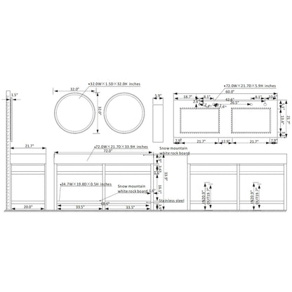 Vinnova Bilbao 72" Double Vanity With Matte Black Stainless Steel Bracket Match With Grey Sintered Stone Countertop With Mirror