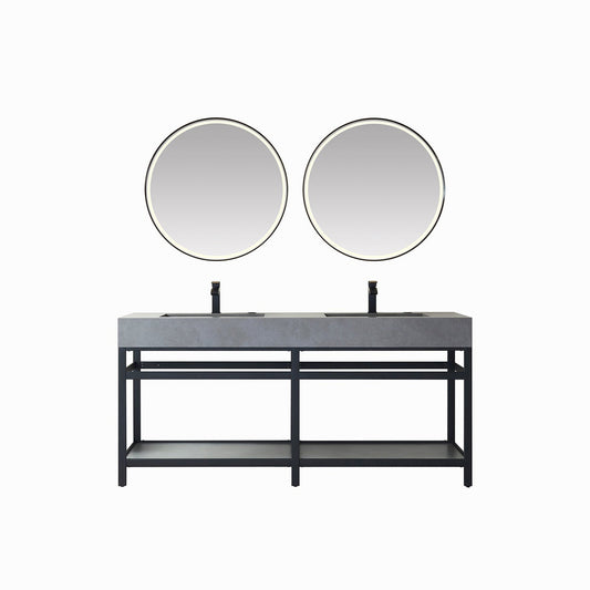 Vinnova Bilbao 72" Double Vanity With Matte Black Stainless Steel Bracket Match With Grey Sintered Stone Countertop With Mirror