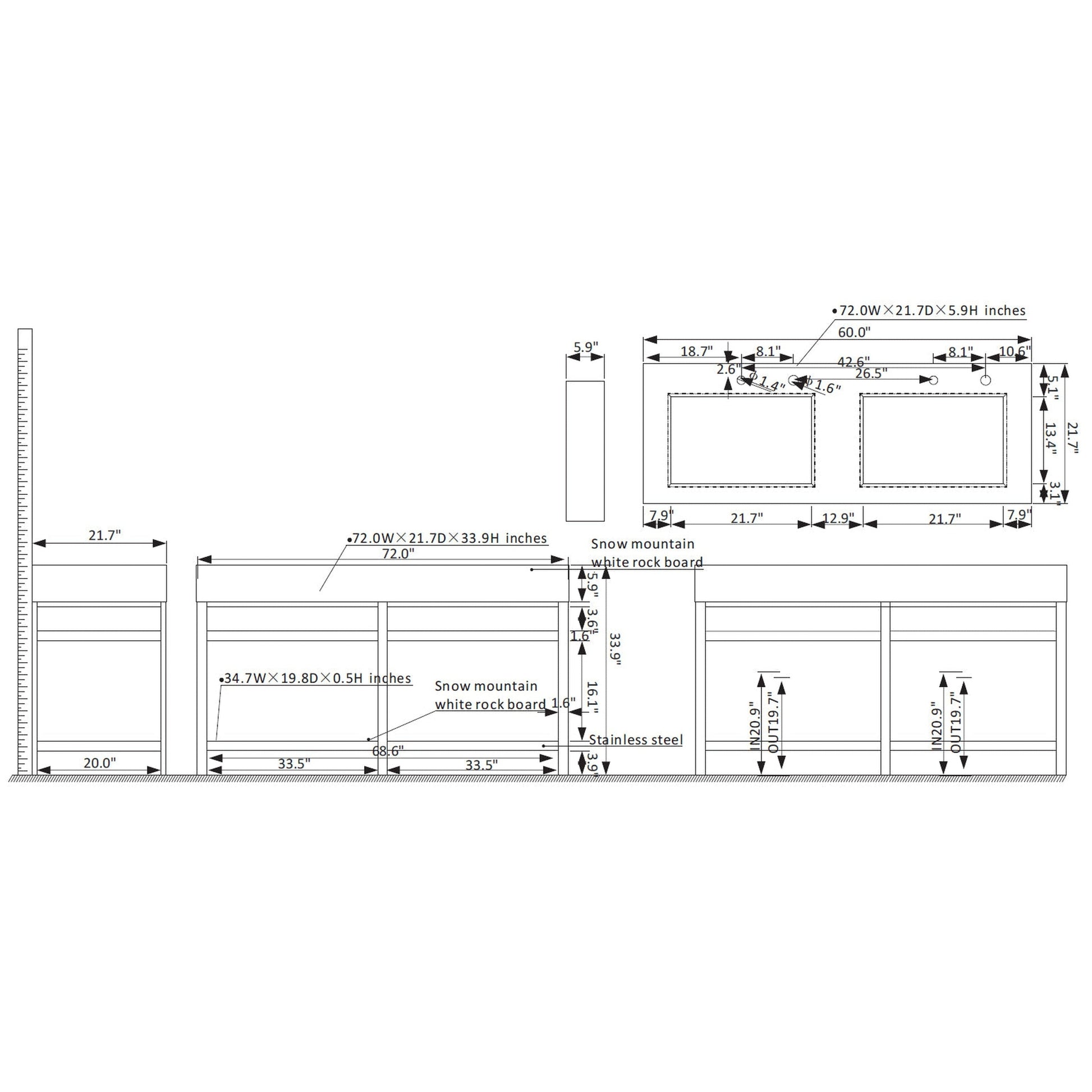 Vinnova Bilbao 72" Double Vanity With Matte Black Stainless Steel Bracket Match With Grey Sintered Stone Countertop Without Mirror