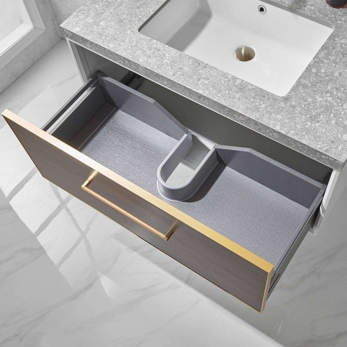 Vinnova Caparroso 36" Single Sink Floating Bathroom Vanity In Dark Walnut And Brushed Gold Hardware Finish With Grey Sintered Stone Top