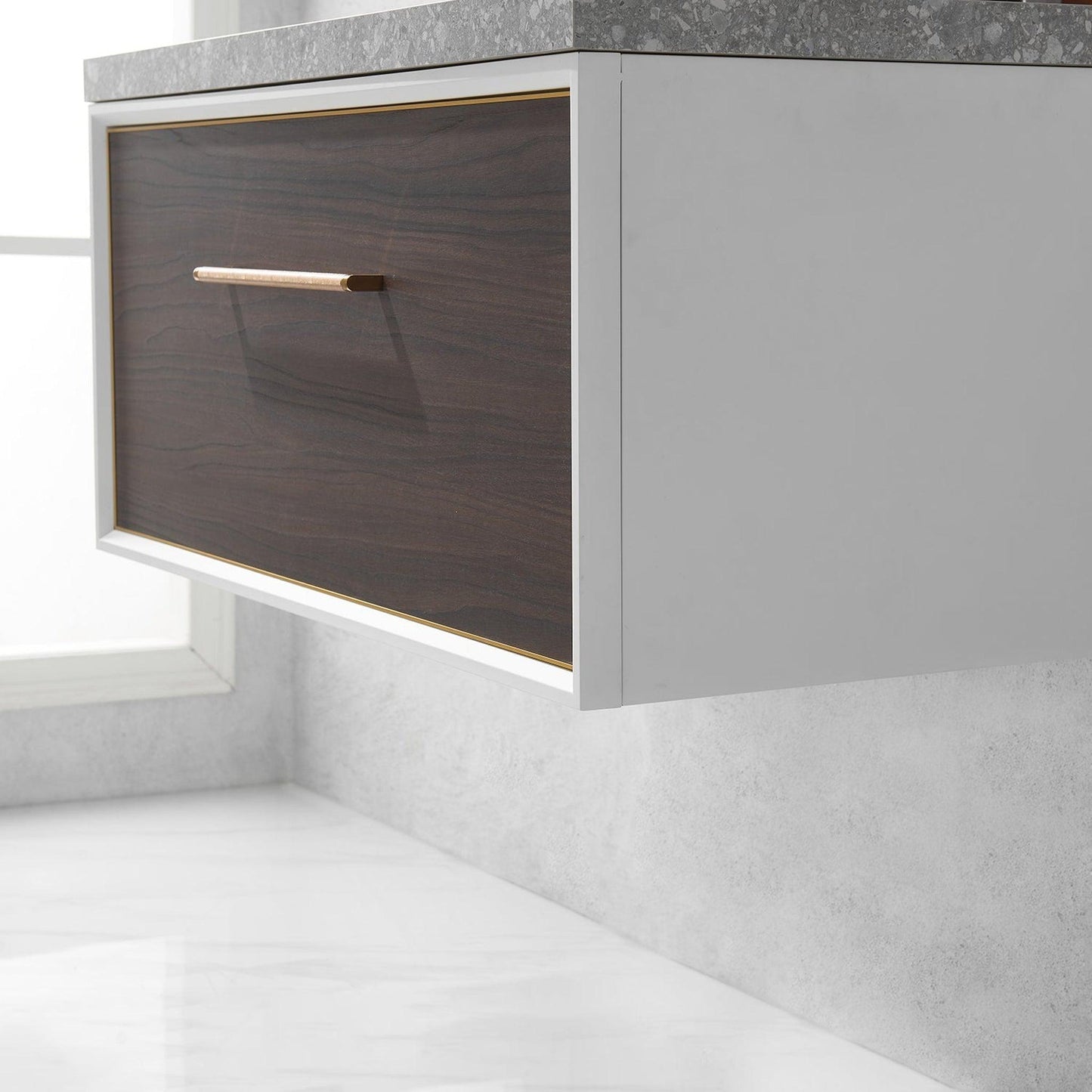 Vinnova Caparroso 36" Single Sink Floating Bathroom Vanity In Dark Walnut And Brushed Gold Hardware Finish With Grey Sintered Stone Top