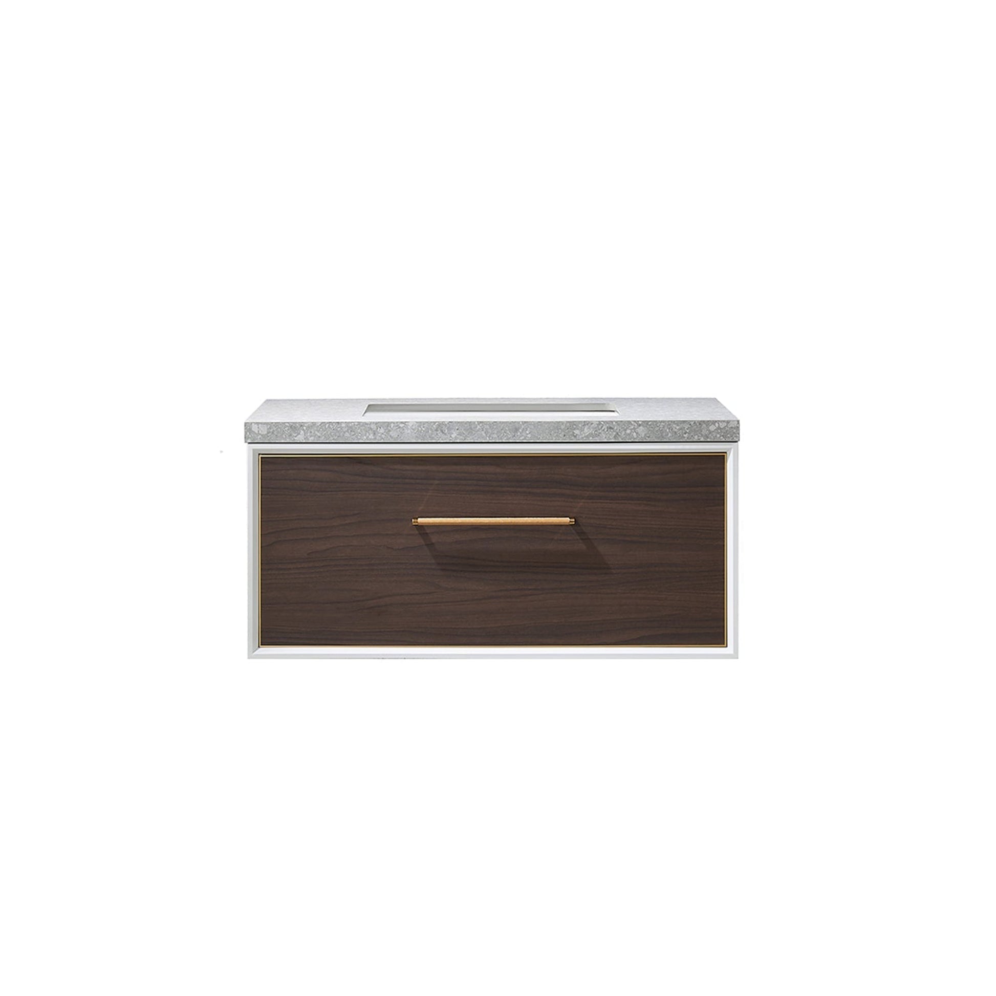 Vinnova Caparroso 36" Single Sink Floating Bathroom Vanity In Dark Walnut And Brushed Gold Hardware Finish With Grey Sintered Stone Top