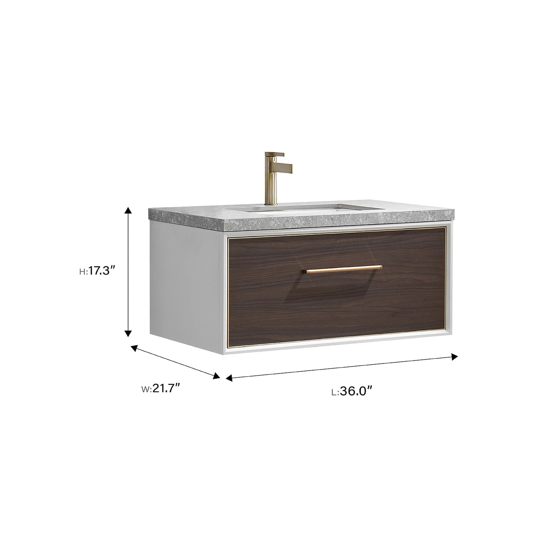 Vinnova Caparroso 36" Single Sink Floating Bathroom Vanity In Dark Walnut And Brushed Gold Hardware Finish With Grey Sintered Stone Top