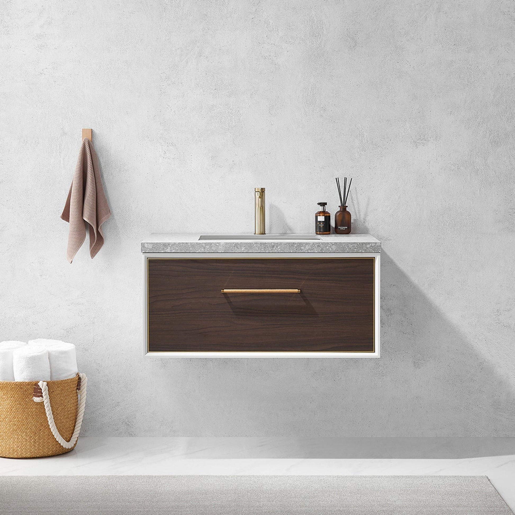 Vinnova Caparroso 36" Single Sink Floating Bathroom Vanity In Dark Walnut And Brushed Gold Hardware Finish With Grey Sintered Stone Top