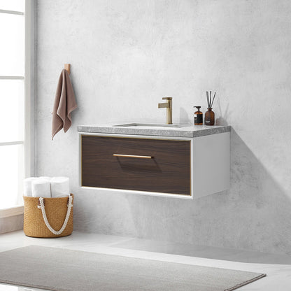 Vinnova Caparroso 36" Single Sink Floating Bathroom Vanity In Dark Walnut And Brushed Gold Hardware Finish With Grey Sintered Stone Top