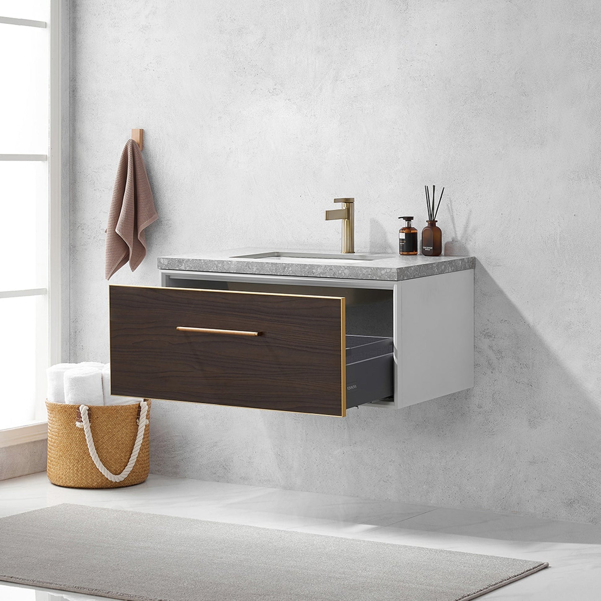 Vinnova Caparroso 36" Single Sink Floating Bathroom Vanity In Dark Walnut And Brushed Gold Hardware Finish With Grey Sintered Stone Top