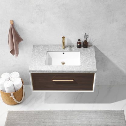 Vinnova Caparroso 36" Single Sink Floating Bathroom Vanity In Dark Walnut And Brushed Gold Hardware Finish With Grey Sintered Stone Top