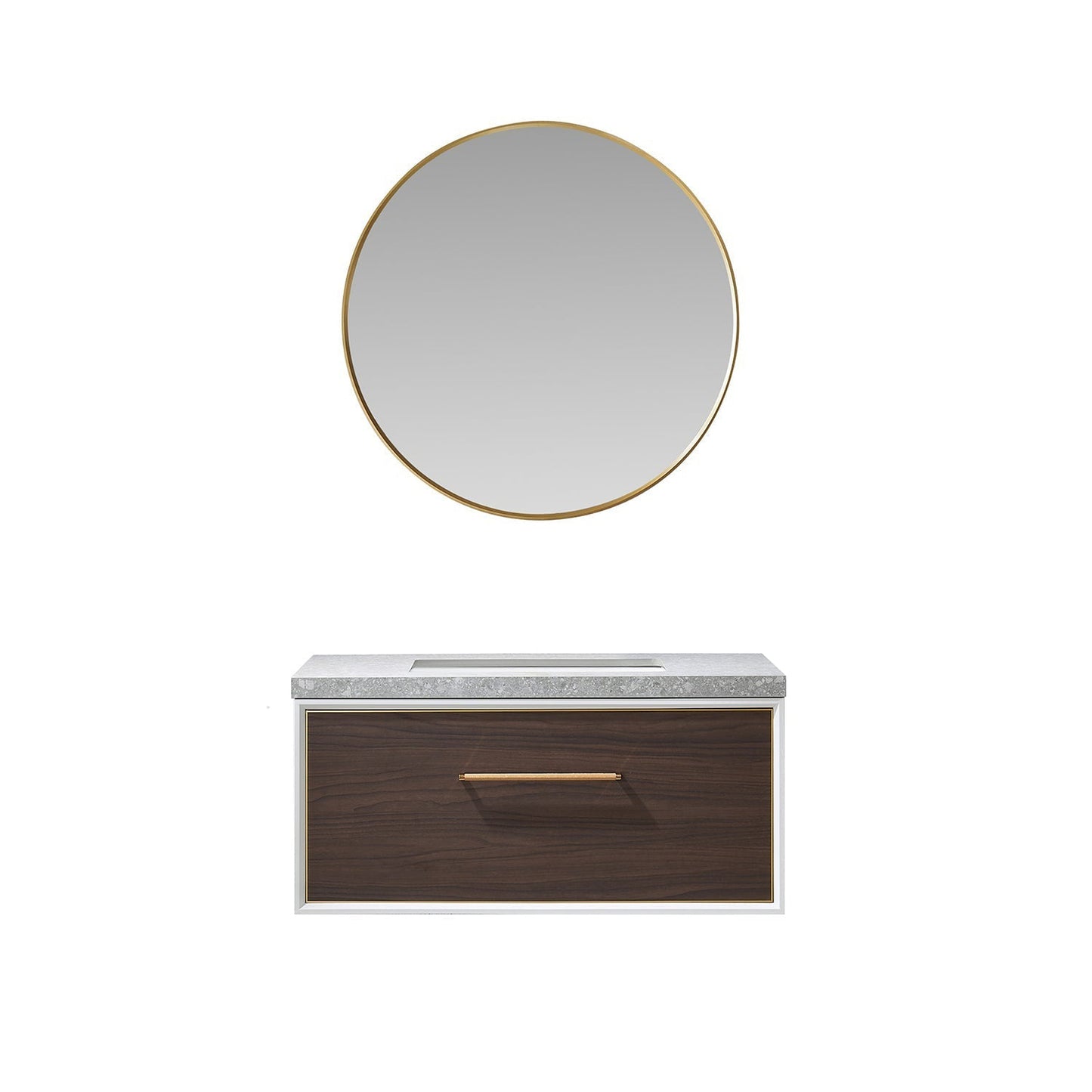 Vinnova Caparroso 36" Single Sink Floating Bathroom Vanity In Dark Walnut And Brushed Gold Hardware Finish With Grey Sintered Stone Top And Mirror