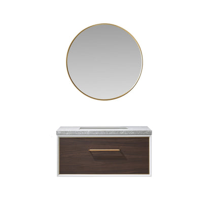 Vinnova Caparroso 36" Single Sink Floating Bathroom Vanity In Dark Walnut And Brushed Gold Hardware Finish With Grey Sintered Stone Top And Mirror