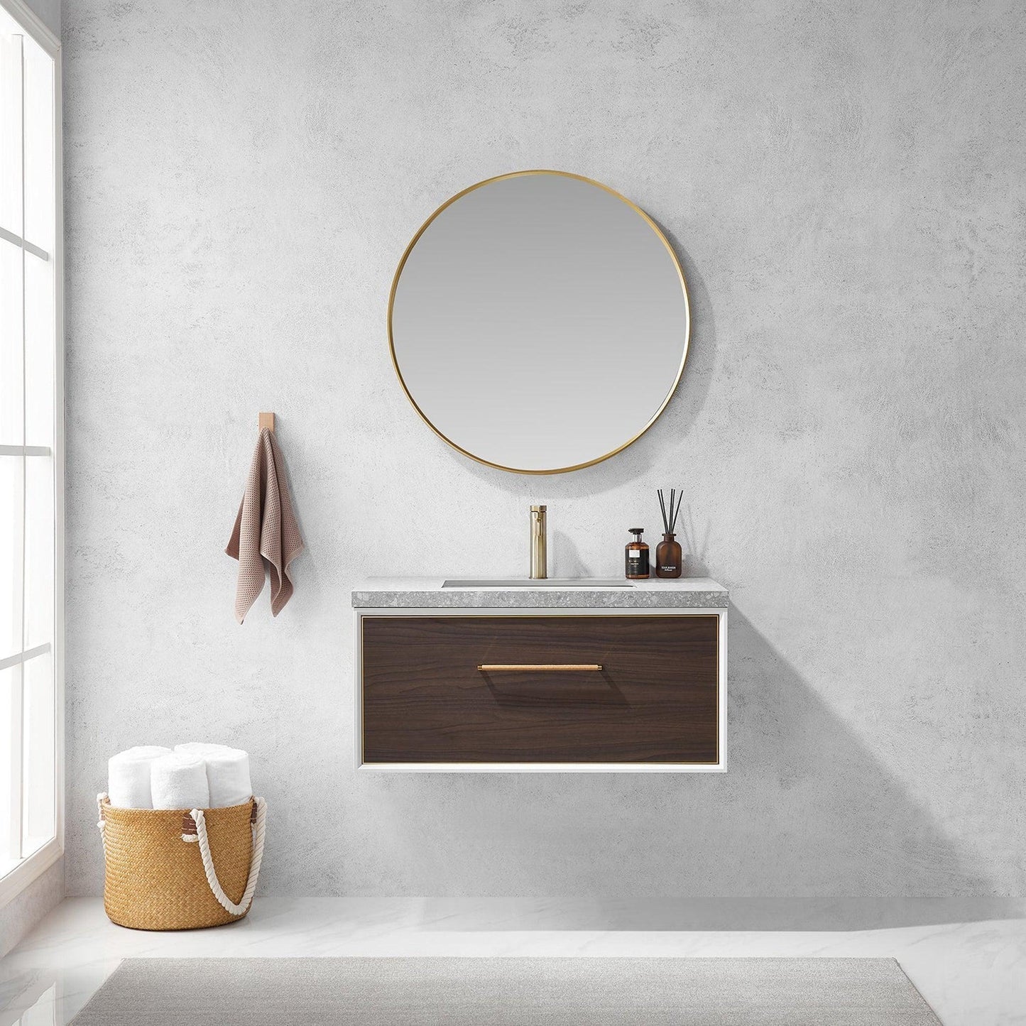 Vinnova Caparroso 36" Single Sink Floating Bathroom Vanity In Dark Walnut And Brushed Gold Hardware Finish With Grey Sintered Stone Top And Mirror