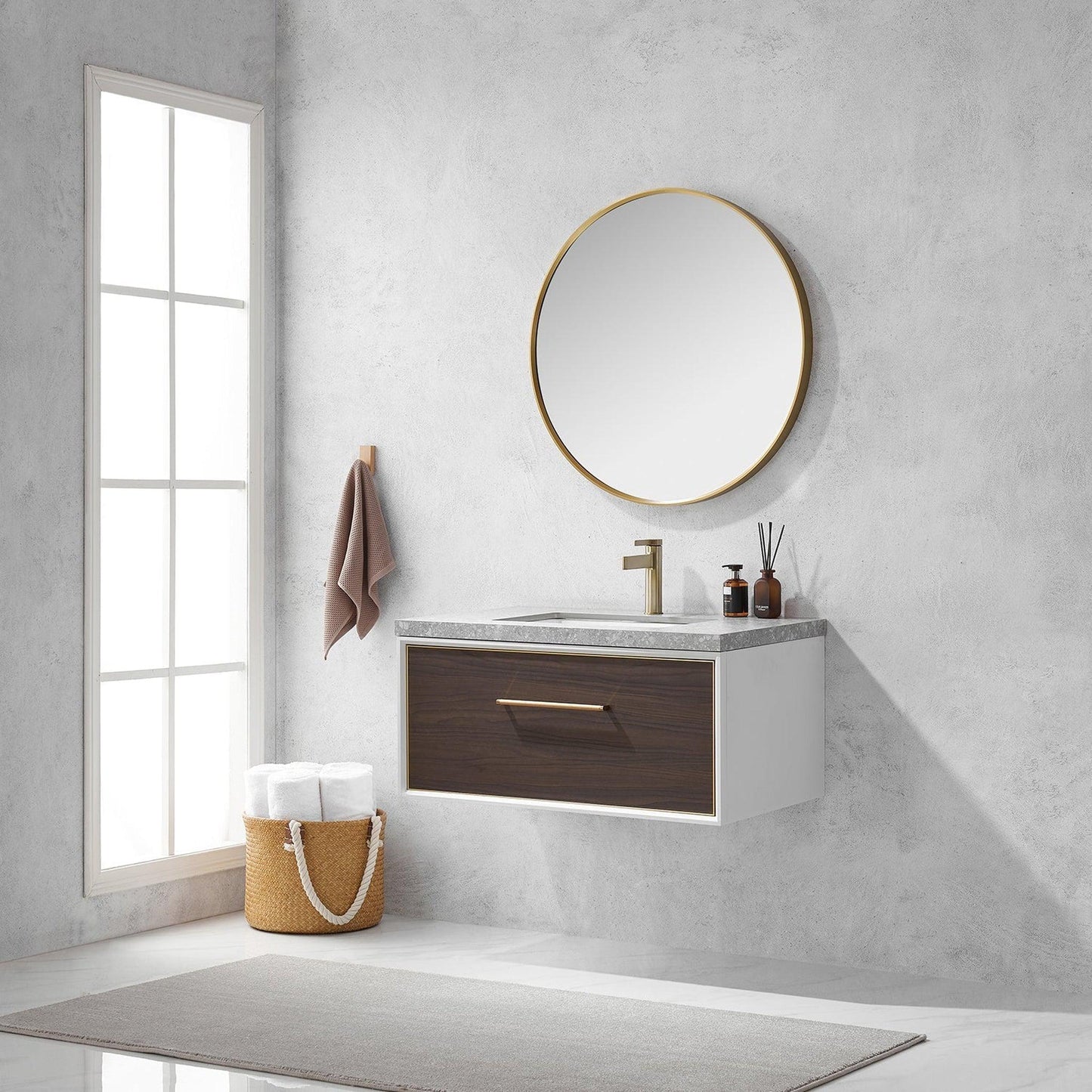 Vinnova Caparroso 36" Single Sink Floating Bathroom Vanity In Dark Walnut And Brushed Gold Hardware Finish With Grey Sintered Stone Top And Mirror