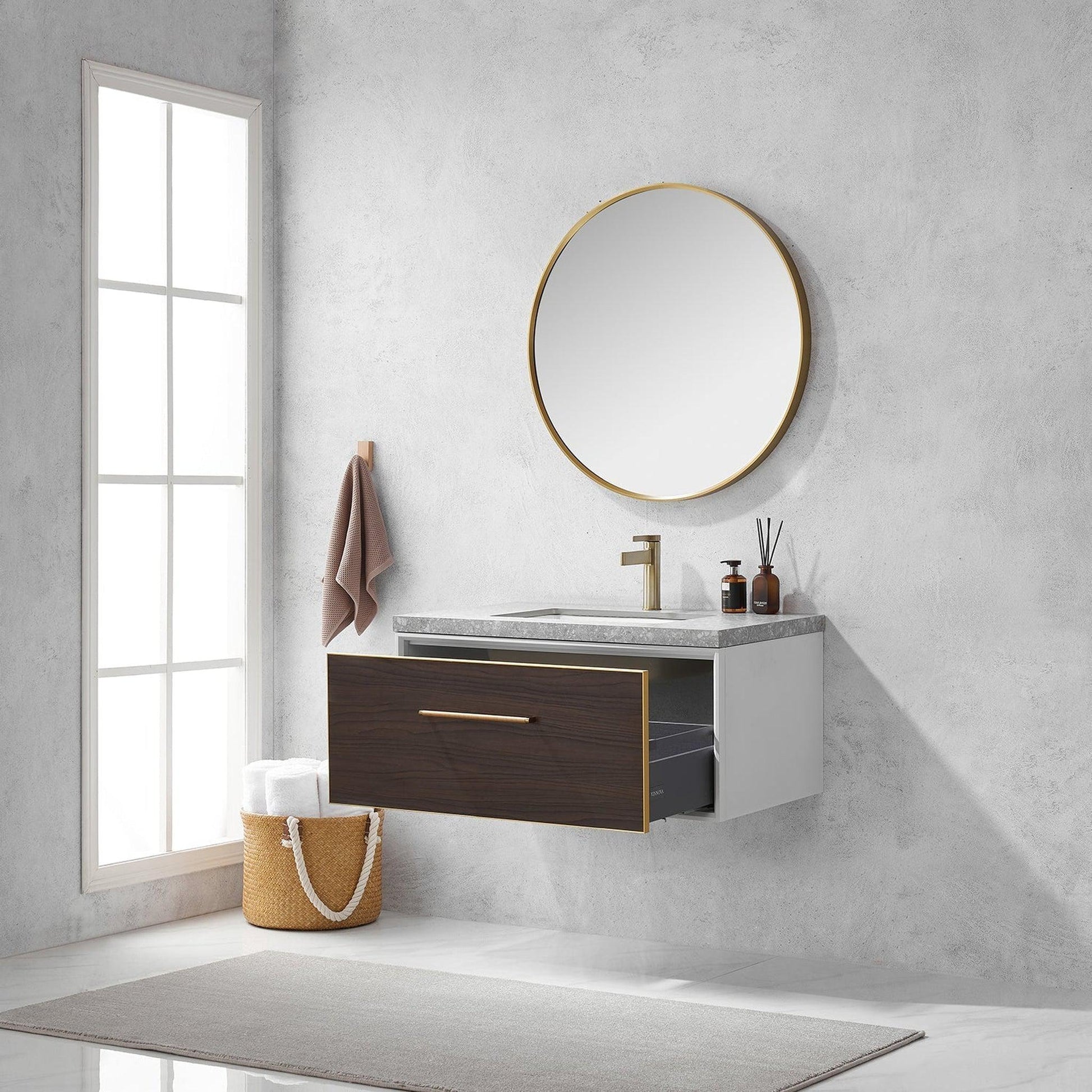 Vinnova Caparroso 36" Single Sink Floating Bathroom Vanity In Dark Walnut And Brushed Gold Hardware Finish With Grey Sintered Stone Top And Mirror