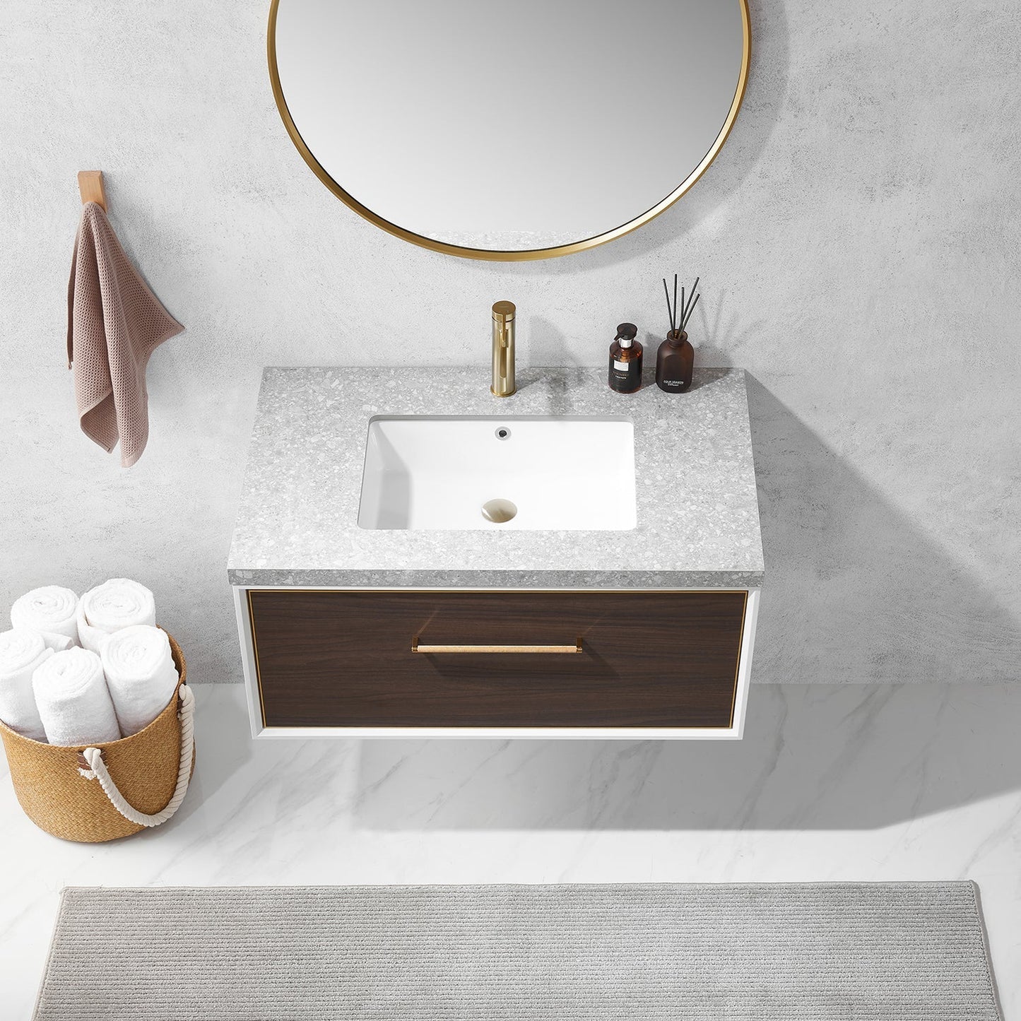 Vinnova Caparroso 36" Single Sink Floating Bathroom Vanity In Dark Walnut And Brushed Gold Hardware Finish With Grey Sintered Stone Top And Mirror