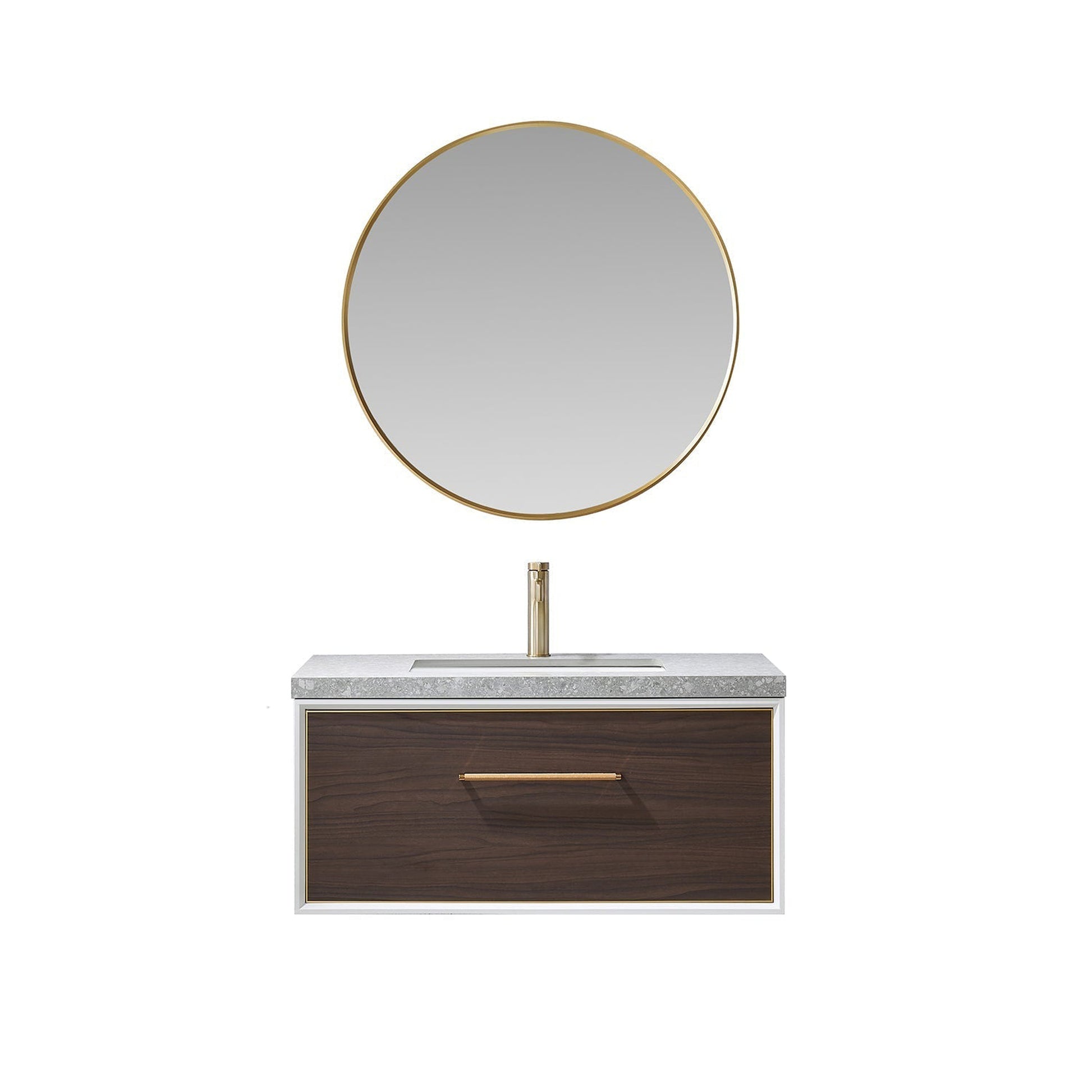 Vinnova Caparroso 36" Single Sink Floating Bathroom Vanity In Dark Walnut And Brushed Gold Hardware Finish With Grey Sintered Stone Top And Mirror