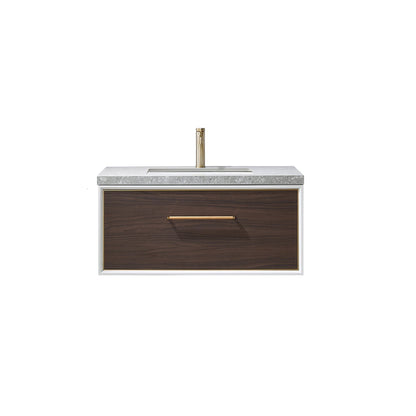 Vinnova Caparroso 36" Single Sink Floating Bathroom Vanity In Dark Walnut And Brushed Gold Hardware Finish With Grey Sintered Stone Top