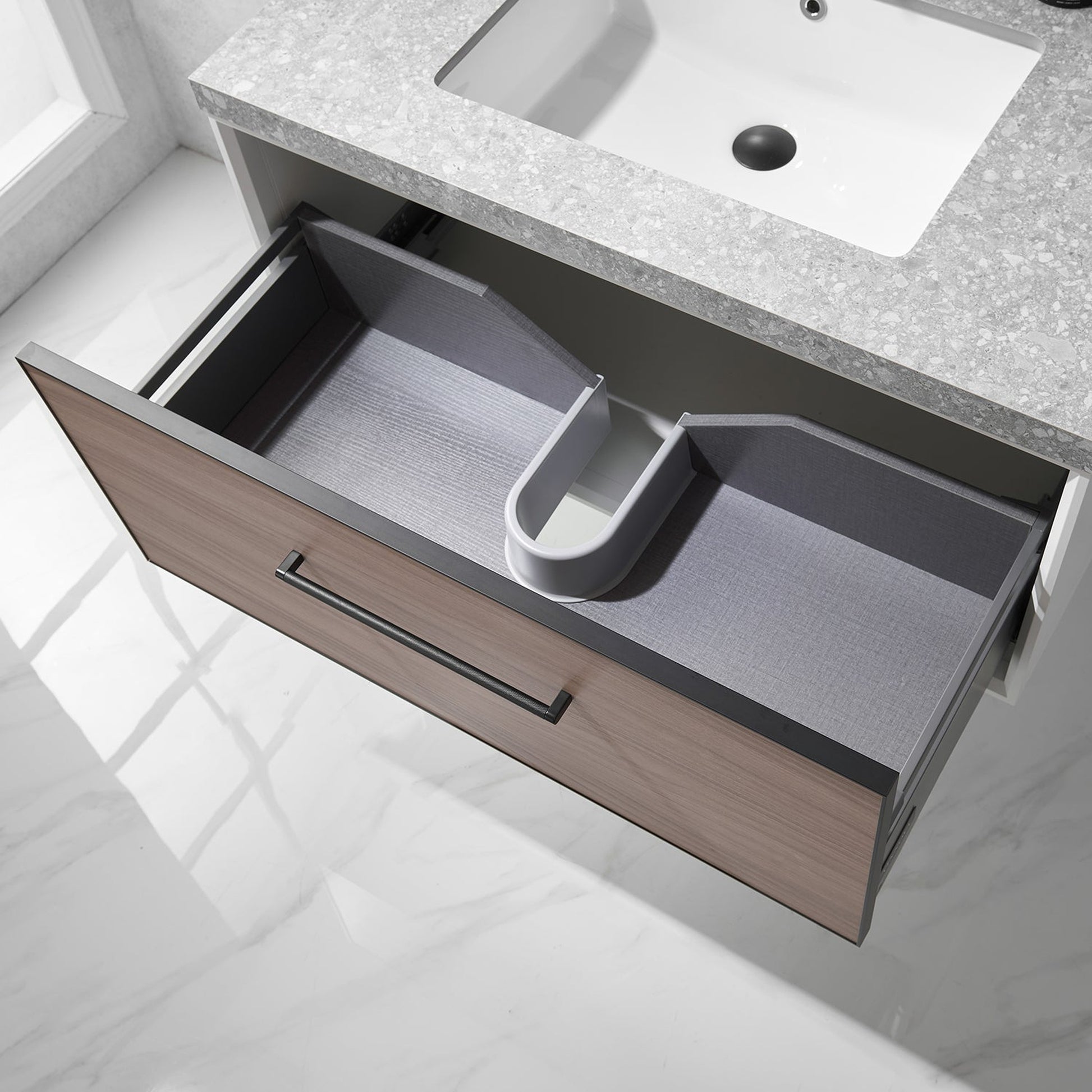 Vinnova Caparroso 36" Single Sink Floating Bathroom Vanity In Light Walnut And Matte Black Hardware Finish With Grey Sintered Stone Top