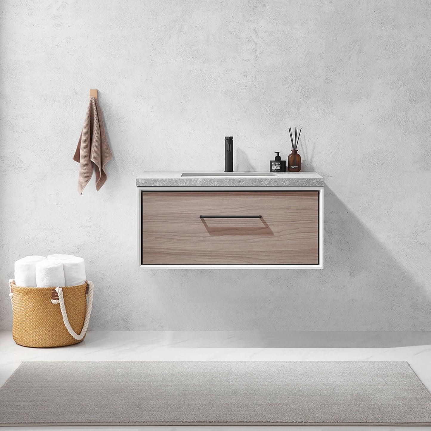 Vinnova Caparroso 36" Single Sink Floating Bathroom Vanity In Light Walnut And Matte Black Hardware Finish With Grey Sintered Stone Top