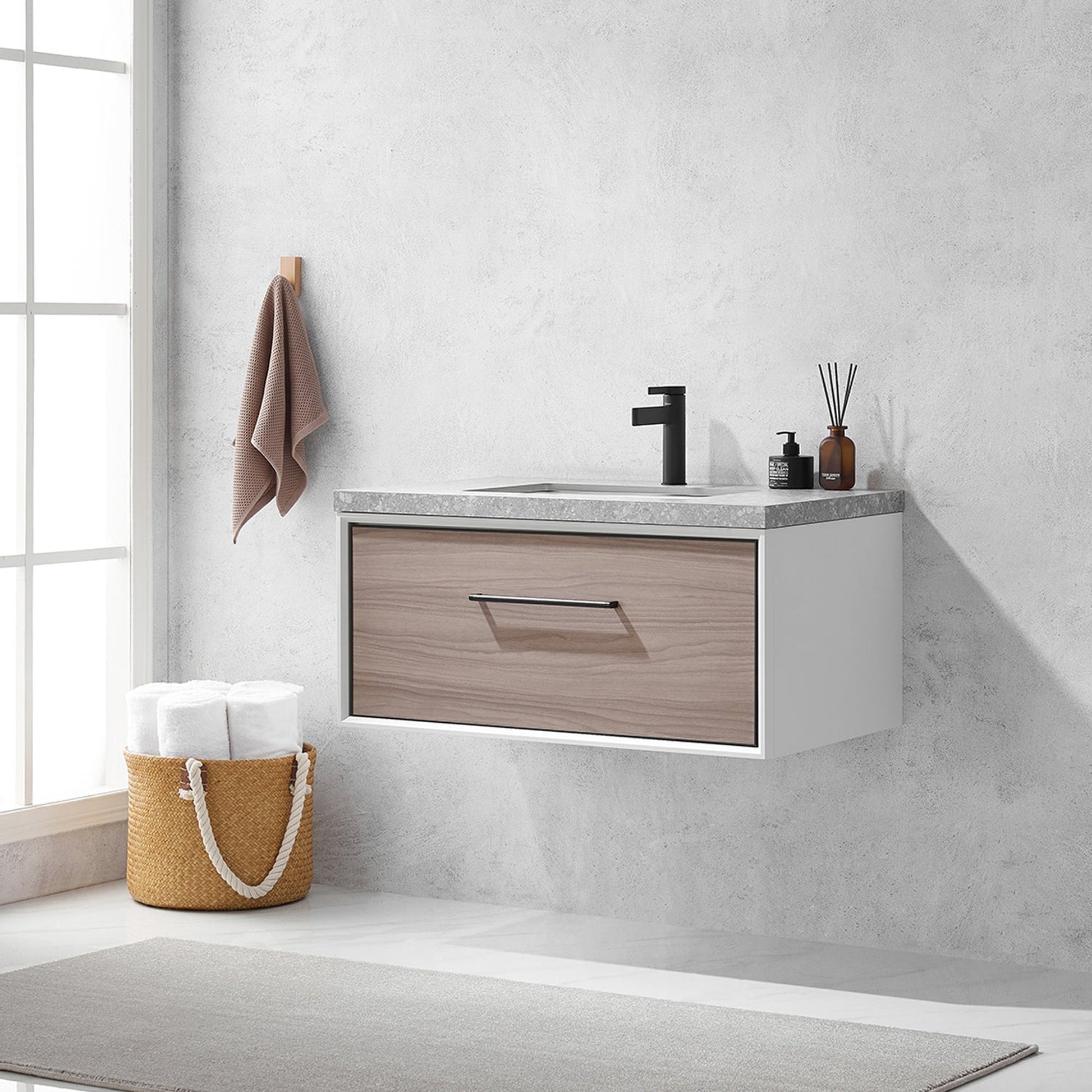 Vinnova Caparroso 36" Single Sink Floating Bathroom Vanity In Light Walnut And Matte Black Hardware Finish With Grey Sintered Stone Top