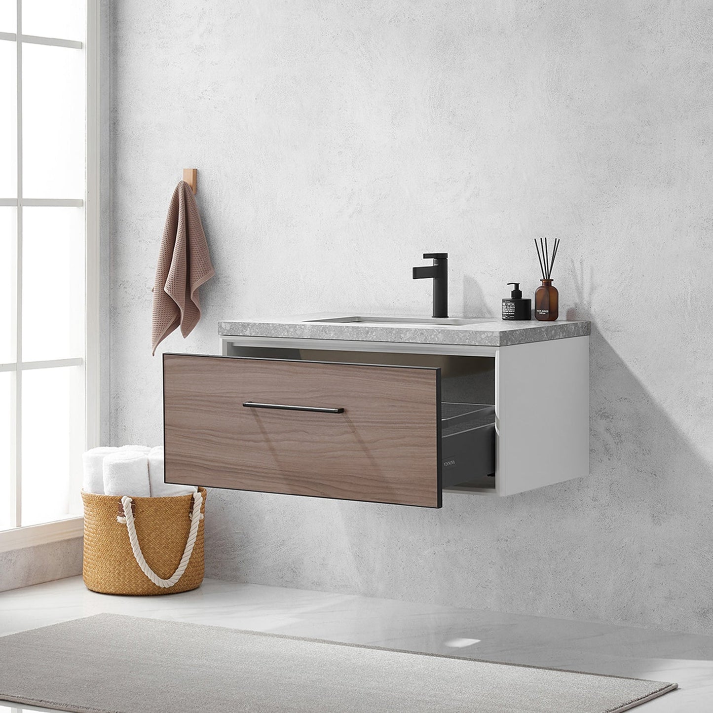 Vinnova Caparroso 36" Single Sink Floating Bathroom Vanity In Light Walnut And Matte Black Hardware Finish With Grey Sintered Stone Top