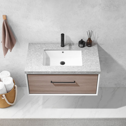 Vinnova Caparroso 36" Single Sink Floating Bathroom Vanity In Light Walnut And Matte Black Hardware Finish With Grey Sintered Stone Top