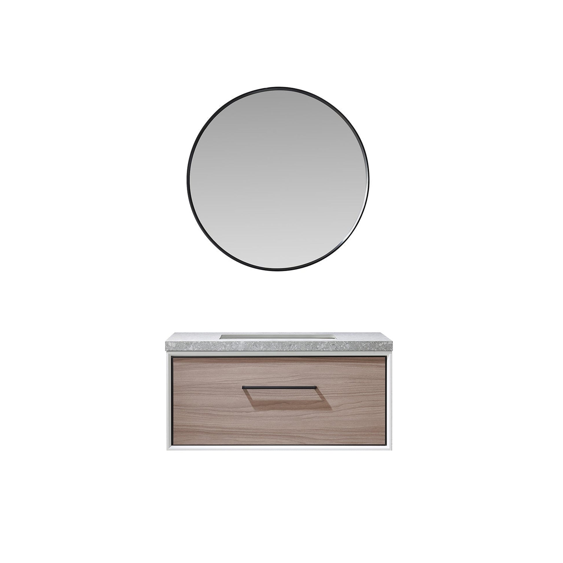 Vinnova Caparroso 36" Single Sink Floating Bathroom Vanity In Light Walnut And Matte Black Hardware Finish With Grey Sintered Stone Top And Mirror