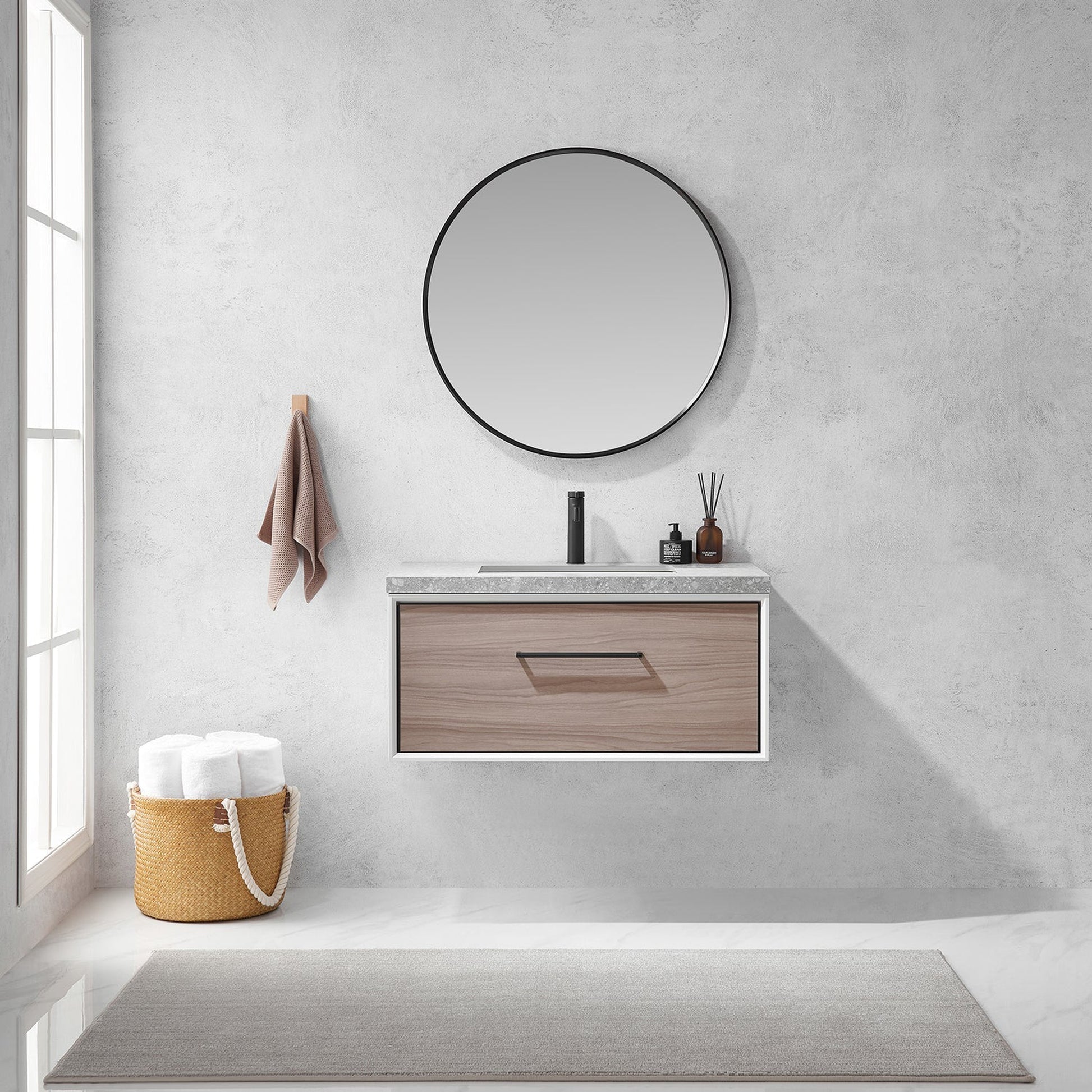 Vinnova Caparroso 36" Single Sink Floating Bathroom Vanity In Light Walnut And Matte Black Hardware Finish With Grey Sintered Stone Top And Mirror