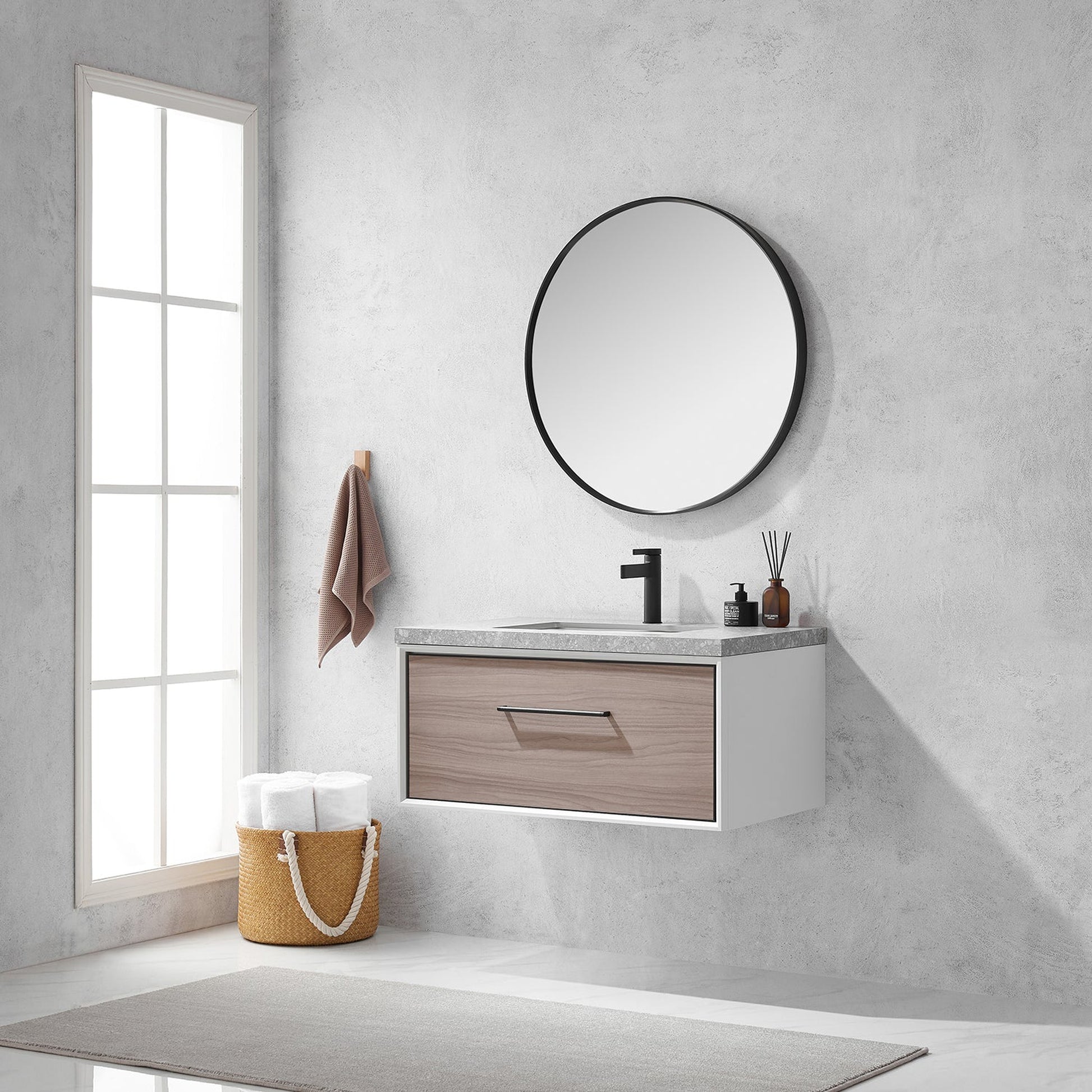 Vinnova Caparroso 36" Single Sink Floating Bathroom Vanity In Light Walnut And Matte Black Hardware Finish With Grey Sintered Stone Top And Mirror