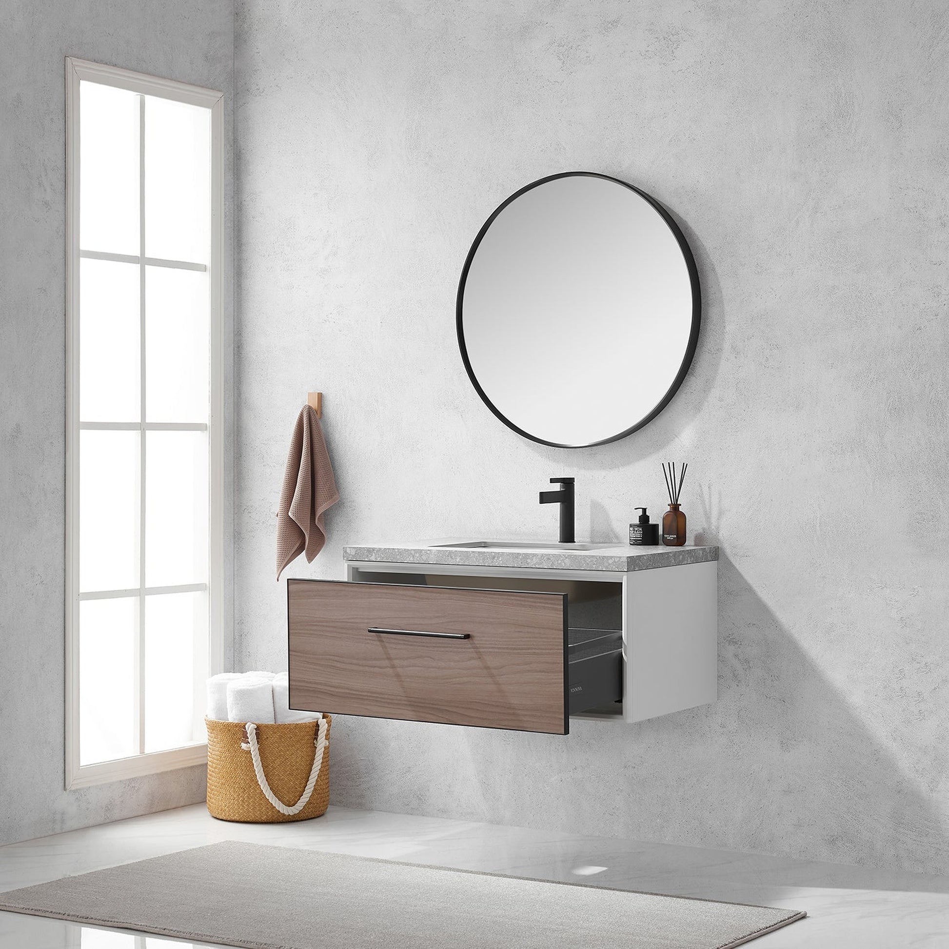 Vinnova Caparroso 36" Single Sink Floating Bathroom Vanity In Light Walnut And Matte Black Hardware Finish With Grey Sintered Stone Top And Mirror