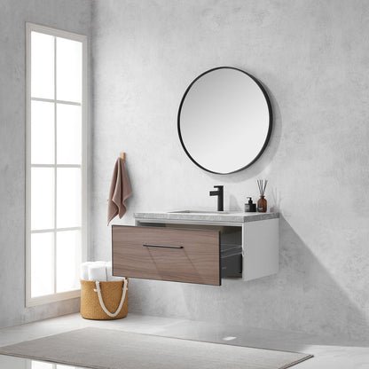 Vinnova Caparroso 36" Single Sink Floating Bathroom Vanity In Light Walnut And Matte Black Hardware Finish With Grey Sintered Stone Top And Mirror