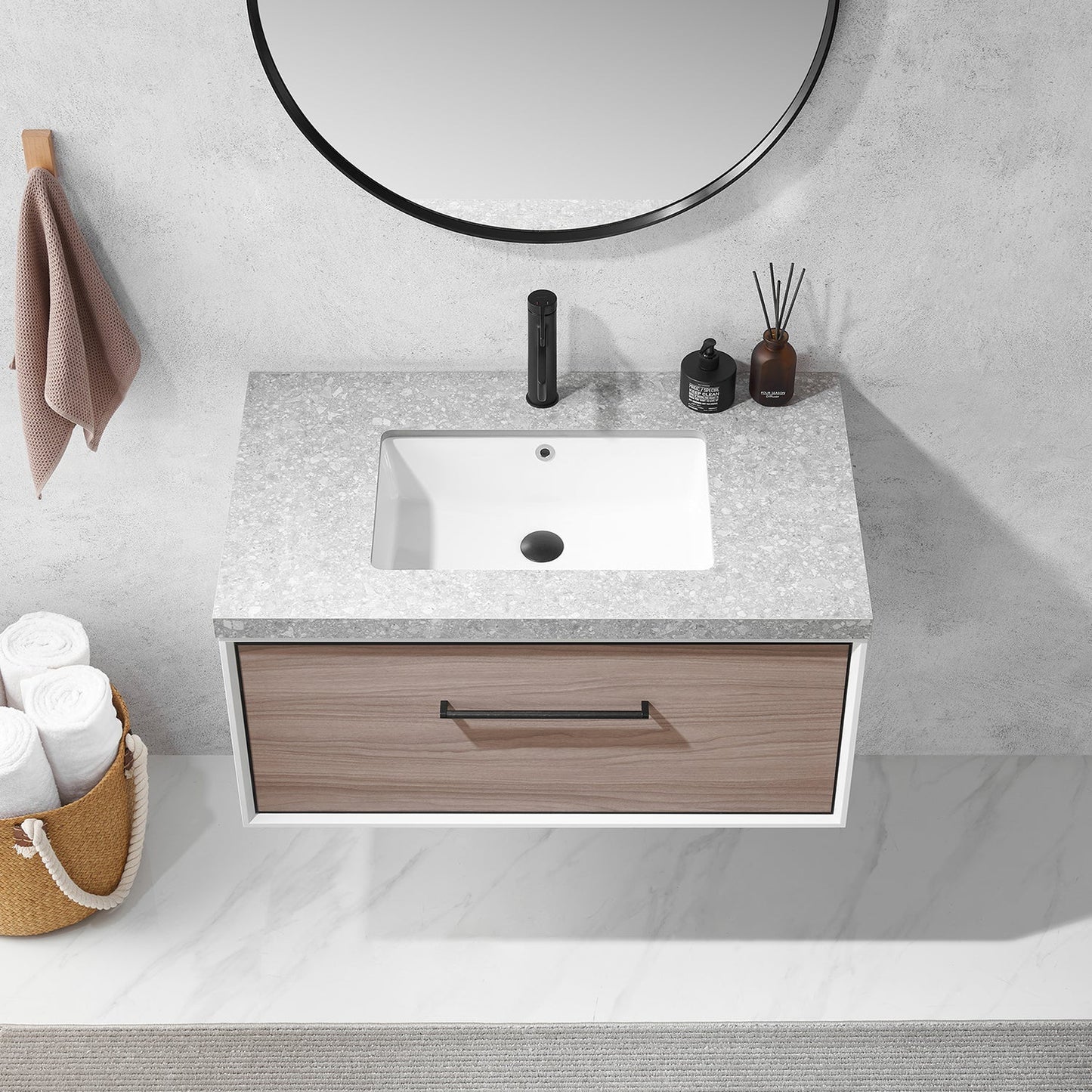 Vinnova Caparroso 36" Single Sink Floating Bathroom Vanity In Light Walnut And Matte Black Hardware Finish With Grey Sintered Stone Top And Mirror