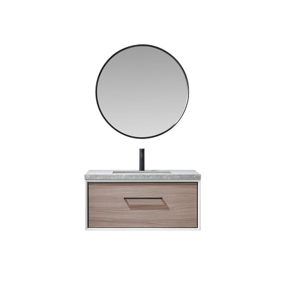 Vinnova Caparroso 36" Single Sink Floating Bathroom Vanity In Light Walnut And Matte Black Hardware Finish With Grey Sintered Stone Top And Mirror