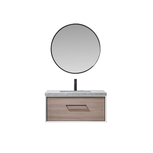 Vinnova Caparroso 36" Single Sink Floating Bathroom Vanity In Light Walnut And Matte Black Hardware Finish With Grey Sintered Stone Top And Mirror