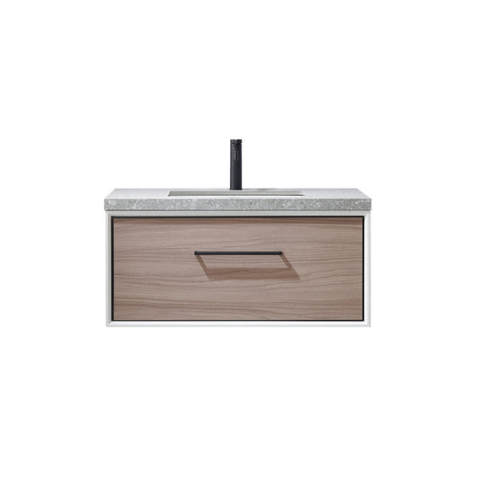 Vinnova Caparroso 36" Single Sink Floating Bathroom Vanity In Light Walnut And Matte Black Hardware Finish With Grey Sintered Stone Top