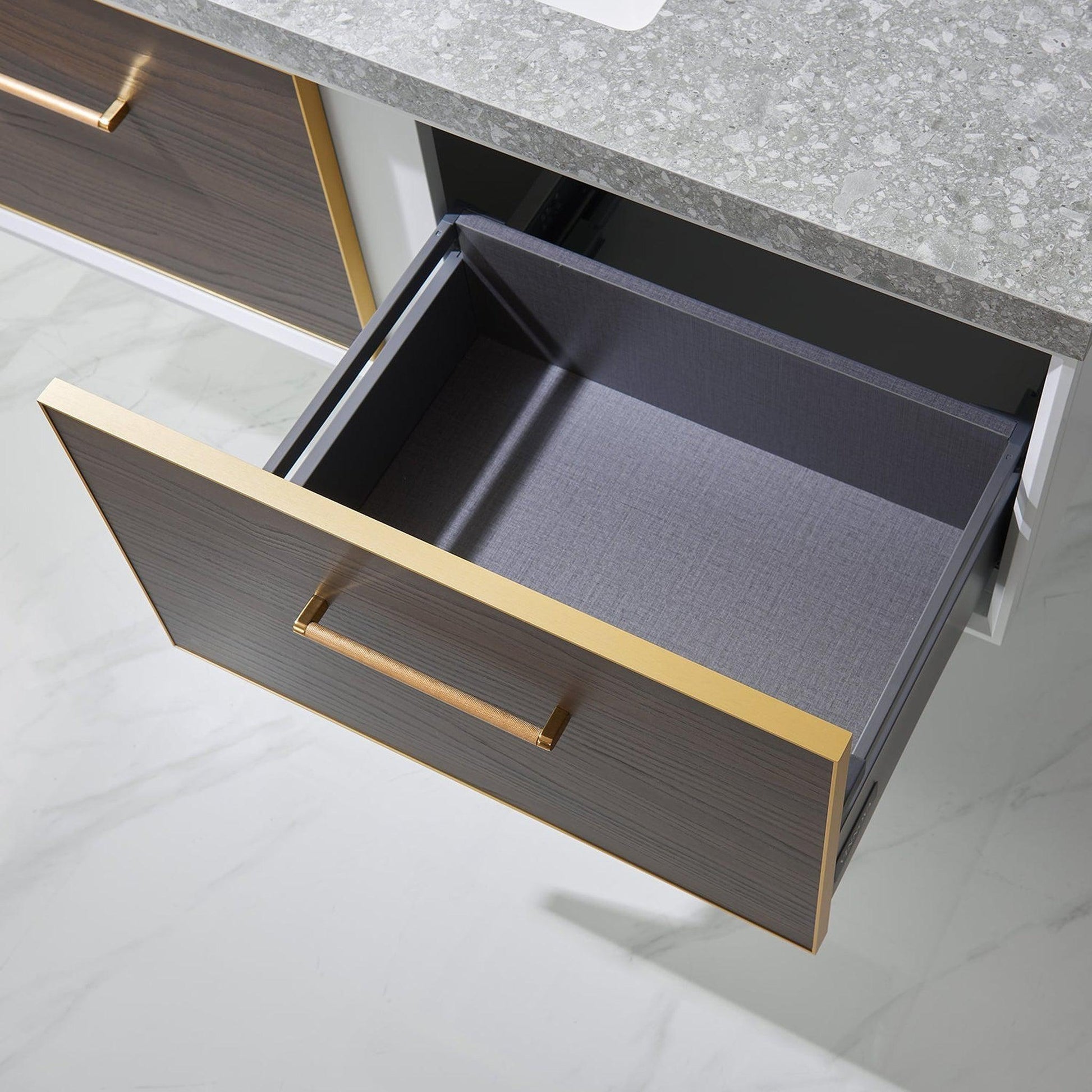 Vinnova Caparroso 48" Single Sink Floating Bathroom Vanity In Dark Walnut And Brushed Gold Hardware Finish With Grey Sintered Stone Top And Mirror
