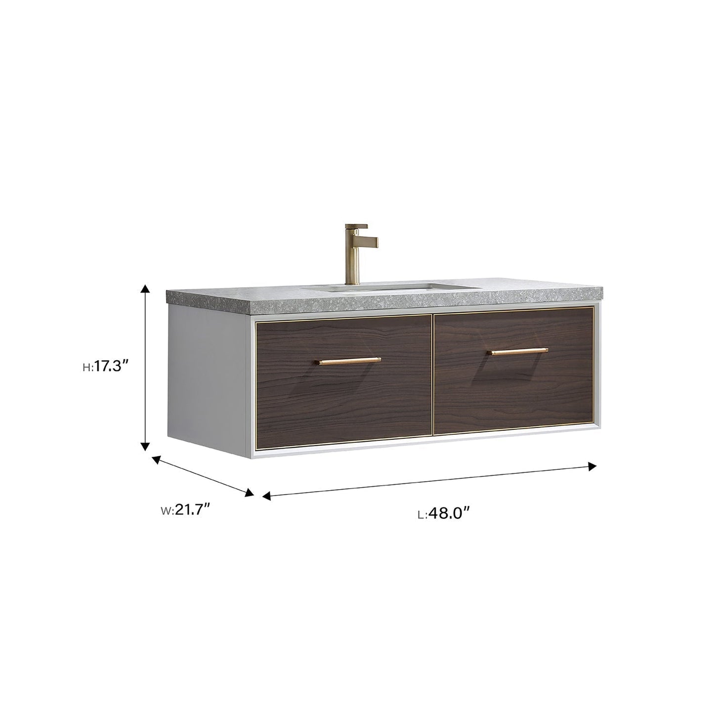 Vinnova Caparroso 48" Single Sink Floating Bathroom Vanity In Dark Walnut And Brushed Gold Hardware Finish With Grey Sintered Stone Top And Mirror