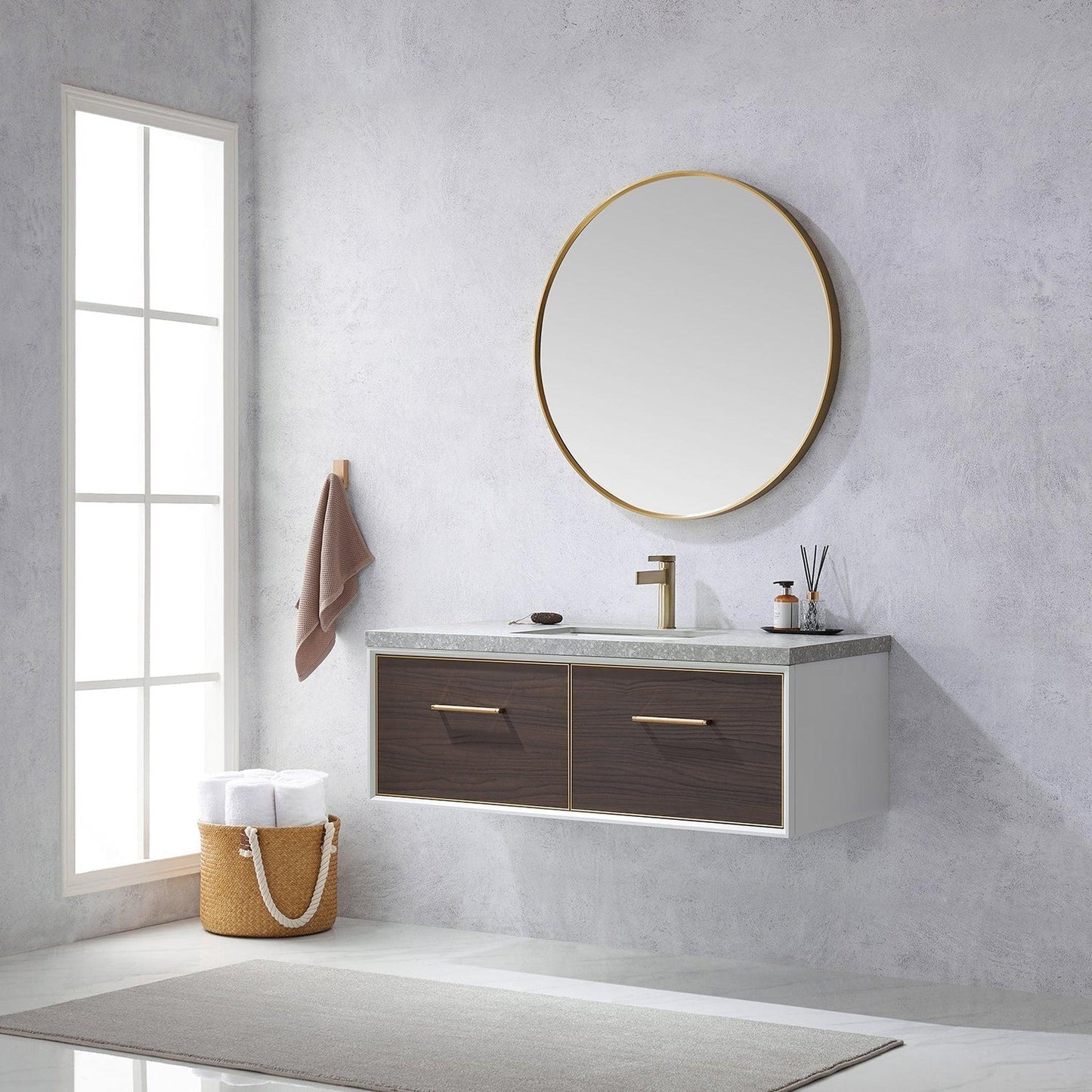 Vinnova Caparroso 48" Single Sink Floating Bathroom Vanity In Dark Walnut And Brushed Gold Hardware Finish With Grey Sintered Stone Top And Mirror