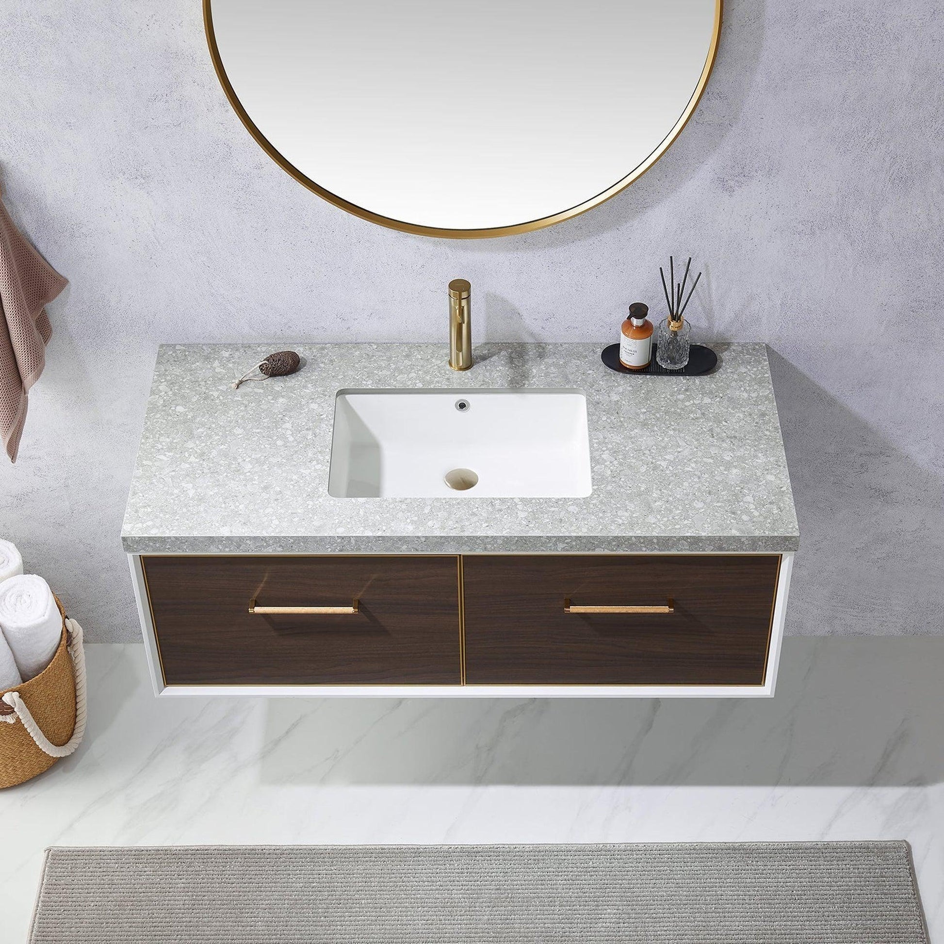 Vinnova Caparroso 48" Single Sink Floating Bathroom Vanity In Dark Walnut And Brushed Gold Hardware Finish With Grey Sintered Stone Top And Mirror