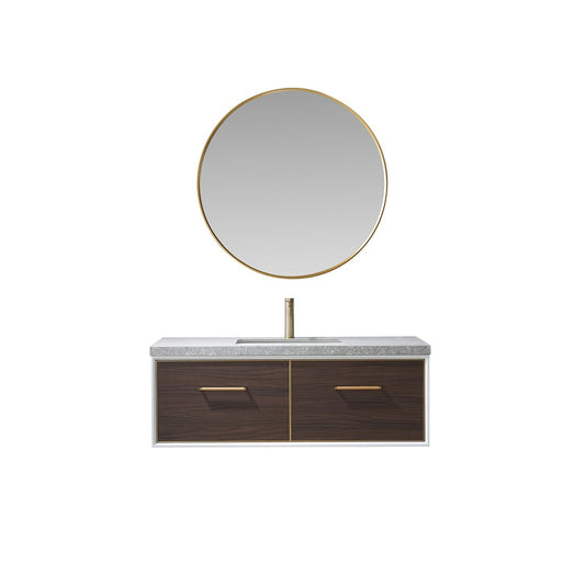 Vinnova Caparroso 48" Single Sink Floating Bathroom Vanity In Dark Walnut And Brushed Gold Hardware Finish With Grey Sintered Stone Top And Mirror