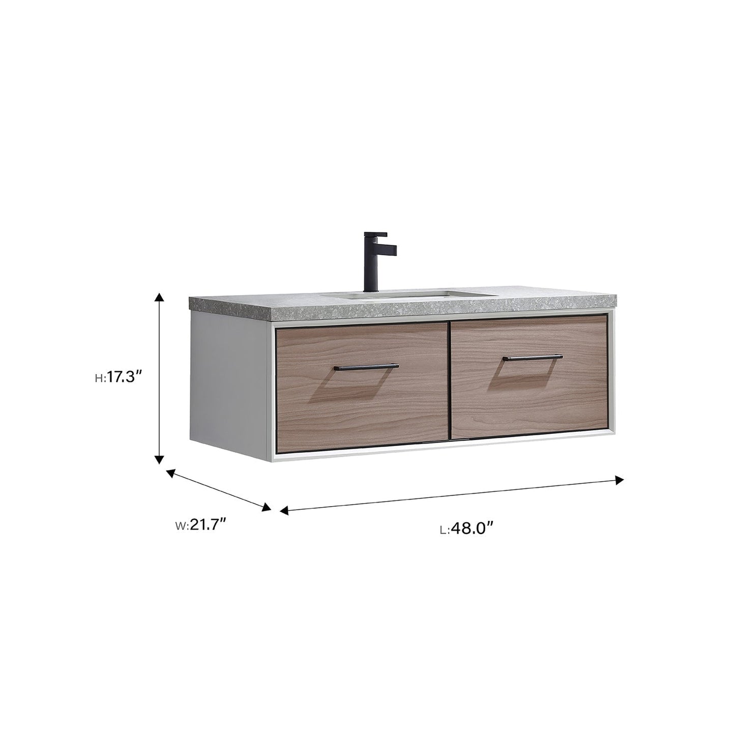 Vinnova Caparroso 48" Single Sink Floating Bathroom Vanity In Light Walnut And Matte Black Hardware Finish With Grey Sintered Stone Top