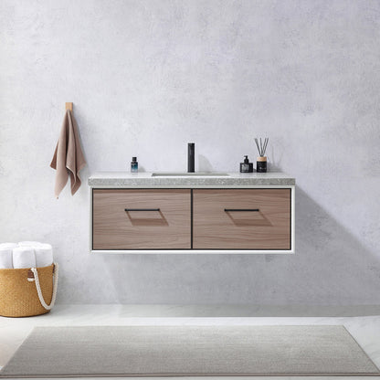 Vinnova Caparroso 48" Single Sink Floating Bathroom Vanity In Light Walnut And Matte Black Hardware Finish With Grey Sintered Stone Top