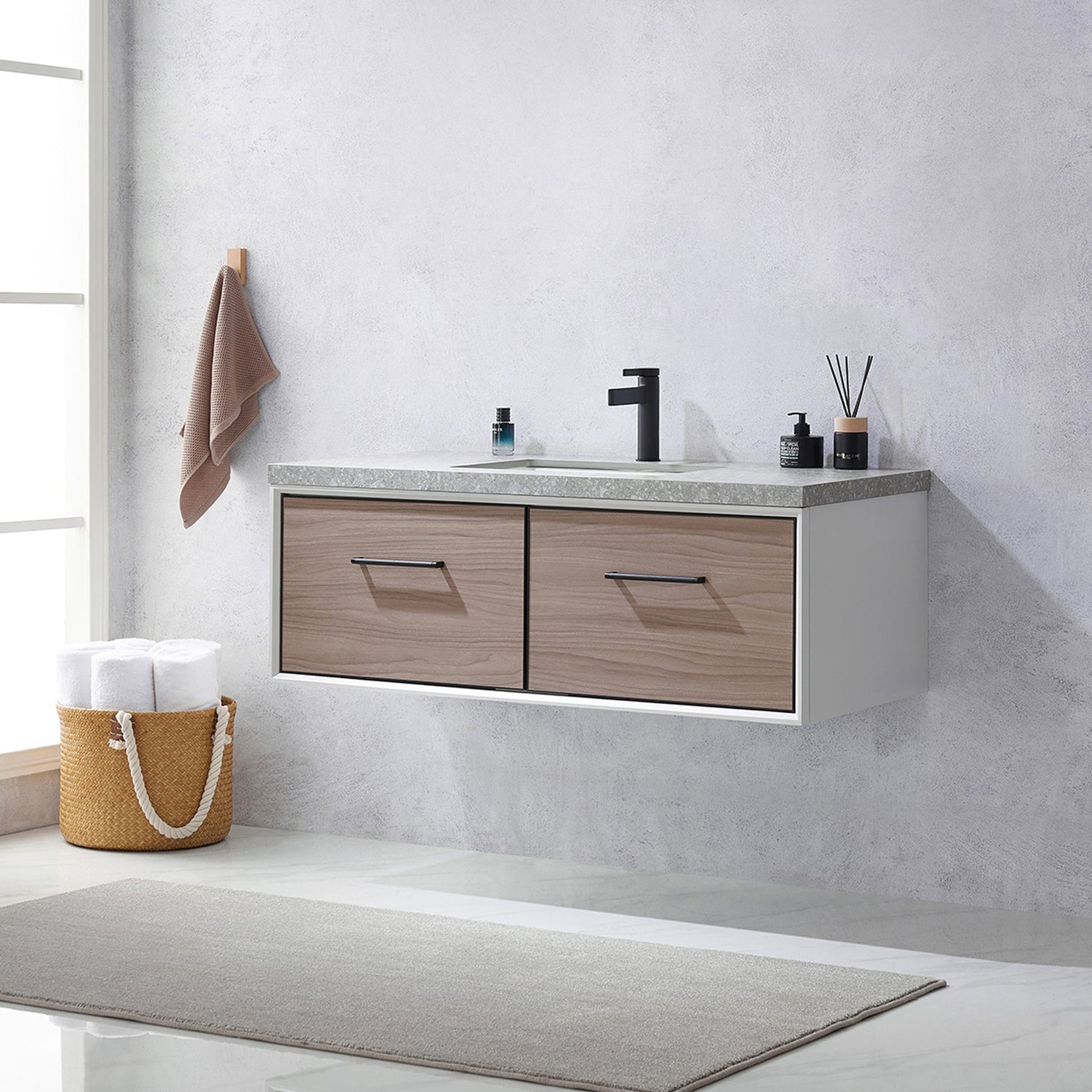 Vinnova Caparroso 48" Single Sink Floating Bathroom Vanity In Light Walnut And Matte Black Hardware Finish With Grey Sintered Stone Top