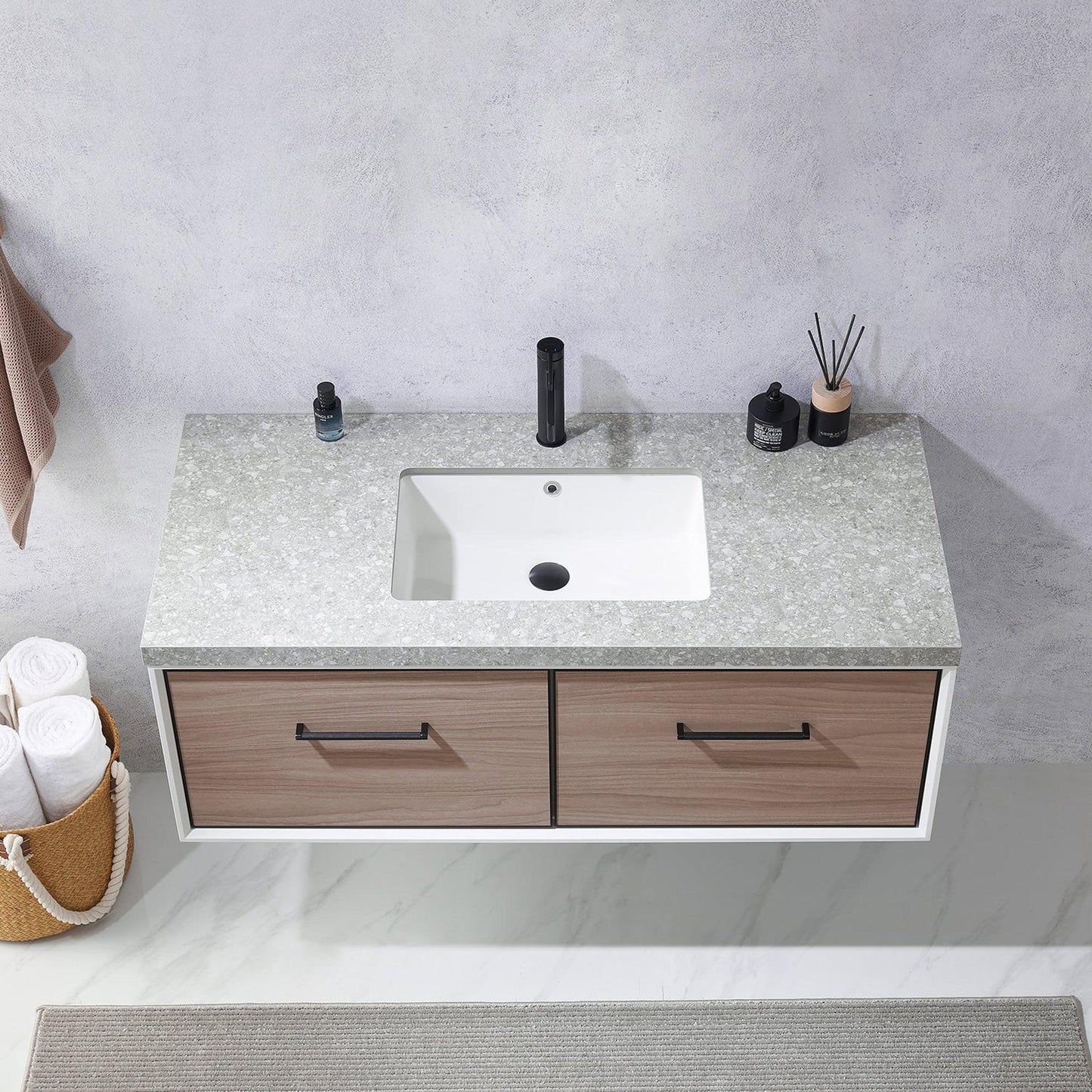 Vinnova Caparroso 48" Single Sink Floating Bathroom Vanity In Light Walnut And Matte Black Hardware Finish With Grey Sintered Stone Top