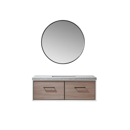 Vinnova Caparroso 48" Single Sink Floating Bathroom Vanity In Light Walnut And Matte Black Hardware Finish With Grey Sintered Stone Top And Mirror
