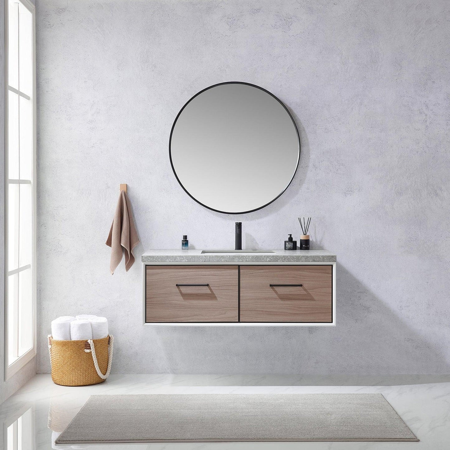 Vinnova Caparroso 48" Single Sink Floating Bathroom Vanity In Light Walnut And Matte Black Hardware Finish With Grey Sintered Stone Top And Mirror