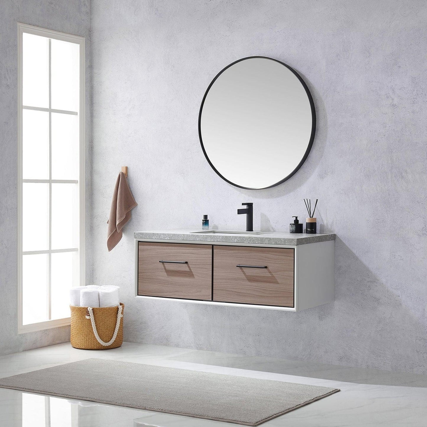 Vinnova Caparroso 48" Single Sink Floating Bathroom Vanity In Light Walnut And Matte Black Hardware Finish With Grey Sintered Stone Top And Mirror